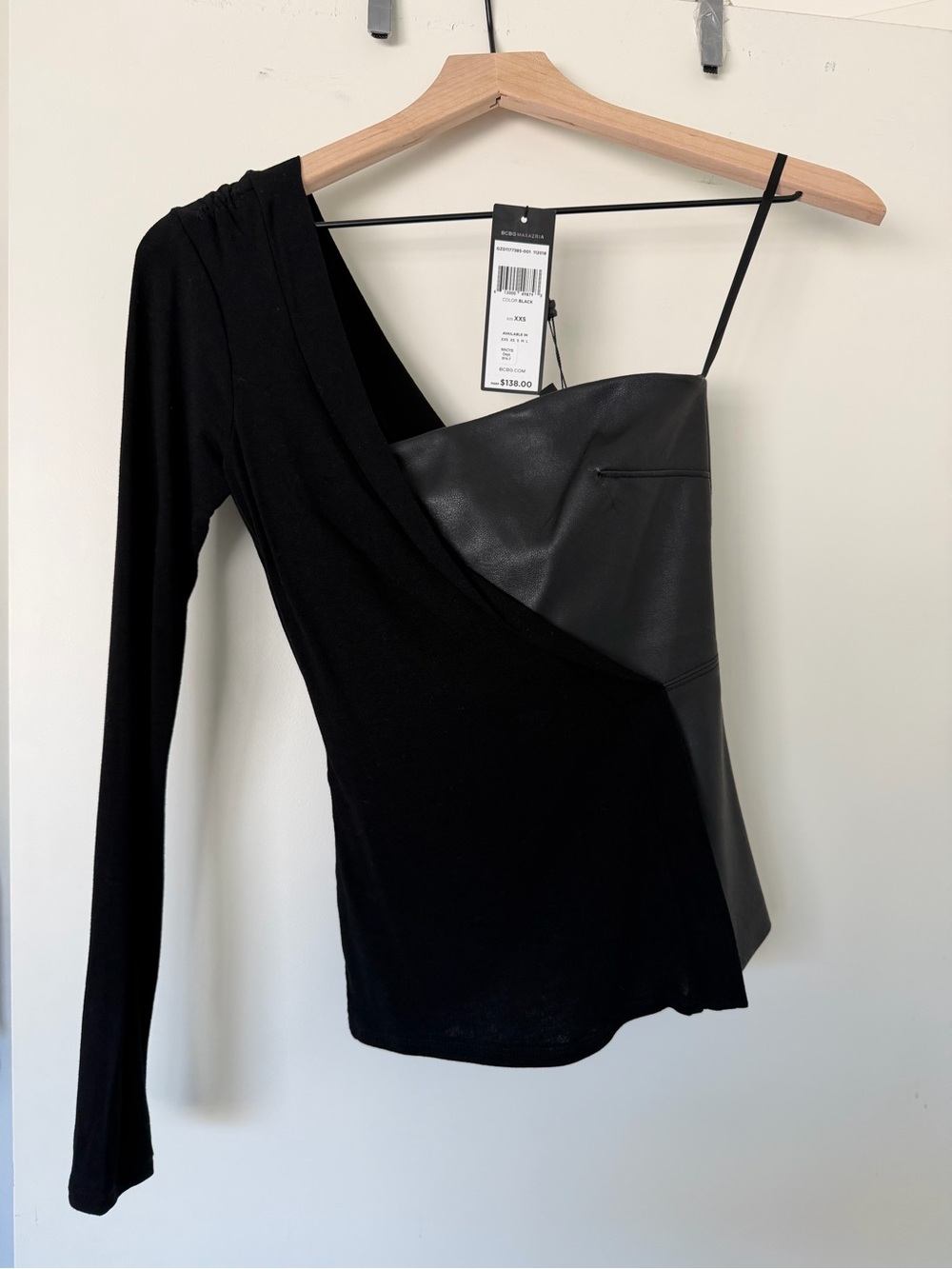 BCBGMaxAzria Black Asymmetric One-Shoulder & Faux Leather Strapless Top (NWT)